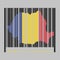 Barcode set the shape to Romania map outline and the color of Romania flag on black barcode with grey background