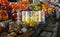 Barcode and tasty fresh fruits on counter at market