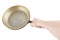 bare caucasian hand holding empty old aluminium frying pan