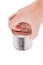 bare caucasian hand opens a tin can with a pull ring on a white background