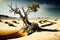 Bare dry tree on cracked earth. Climate change with desertification process. Generated AI