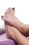 Bare feet with pedicure propped by towel