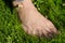 Bare foot woman leg in dewy morning lawn