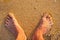 Bare human feet stay on a sandy sea beach