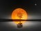 Bare mirrored leafless tree silhouette against orange full moon. Water, land, star, black sky. Sad gloomy mood.