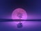 Bare mirrored leafless tree silhouette against purple full moon. Water, land, star, black sky. Sad gloomy mood.