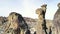 Bare rock pinnacle rises above a desert canyon floor