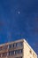 Bare Tree branches over blue sky and fasade building.