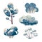 Bare trees and bushes under snow watercolor painting isolated icons