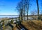 Bare trees in early spring, old tree trunks, wooden footpath, beautiful bright blue sky, lake view on the horizon