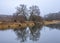 Bare trees are reflected in the cold November river