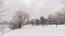 Bare trees in the snow along frozen Prairies river ina city park in Montreal