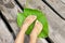 Barefoot child feet relaxing on big green lily leaf outdoors