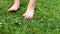 barefoot child girl walking on a green grass outdoor closeup