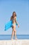 Barefoot girl in blue bikini at the sea