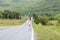 Barefoot girl with chamomile bouquet running along road after ra