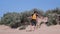 Barefoot man with backpack hiking in beautiful coastal sand dune towards beach