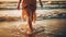 Barefoot woman enjoys sunset on beach, carefree and happy generated by AI