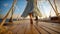 A barefoot woman in a white dress walks along the wooden deck of a sailing ship against the backdrop of a seascape. Selective