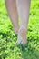 Barefoot women legs stepping on green grass