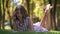 Barefoot young woman reads book lying on park lawn grass