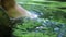 Barefooted boy cooling his feet in water with crystal clear water and idyllic floating creek in summertime shows outdoor hiking to