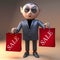 Bargain hunter cartoon vampire dracula lifts his shopping bags with sale branded on them, 3d illustration