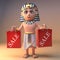 Bargain hunter Egyptian pharaoh Tutankhamun holding some sale shopping bags, 3d illustration