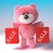 Bargain hunter pink fluffy teddy bear character has two sale shopping bags, 3d illustration