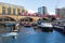 Barge departs Limehouse Basin Marina in London