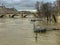 Barge docking stations on flooded Seine River in winter 2018, Paris, France