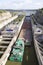 Barge passing through canal lock