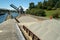 Barge of sand and gravel pushed into locks