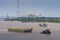 Barge with sand pulled by boat on Long Tau River, Phuoc Khanh, Vietnam