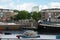 Barges anchored in the marina in the city center, water apartments, London