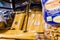 Bari, Italy - March 11, 2019: Bags with artisanal pasta, with wheat flour, for sale in an Italian gourmet store