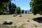 Bariloche, Argentina.Victoria Island view of Benches and tables of rustic wood in a space of a park