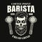 Barista bearded skull vector coffee emblem, badge, label or logo in vintage style on dark background
