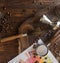 Barista coffee tools and roasted coffee beans on wooden board