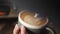 Barista Drawing Latte Art on Coffee with Soy Milk. Process of Making Vegan Lactose Free Drink in Coffeeshop. 4K