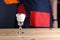 Barista make espesso with ice cream affogato coffee on wooden table and grey background. Coffee cold drink with vanilla ice cream