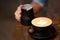 Barista making cappuccino, close-up, latte art coffee