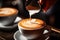 Barista pouring cream into coffee cup making latte art. Generative AI