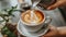 Barista pouring milk into coffee, Generative AI
