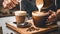 Barista pours milk froth into wood cup, crafting creamy espresso cappuccino—a blend of textures, flavors, and AI vision