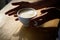 Barista propose americano or espresso coffee cup. fresh morning coffee with milk and cream froth. Good start of the