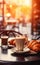Barista\\\'s Delight: Inviting bar table with coffee and croissants, perfect for restaurant menus.