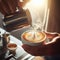 Barista server creates latte patterns in coffee foam