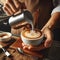 Barista server creates latte patterns in coffee foam