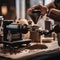 A baristas hands meticulously grinding coffee beans with a classic manual coffee grinder3